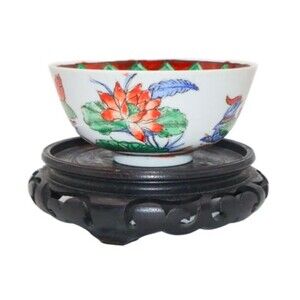 Hand-Painted Japanese Porcelain Bowl with Gold Accents and Wooden Stand ACF